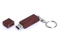 USB-Flash накопитель - брелок в деревянном корпусе прямоугольной формы с металл. кольцом, модель Wood2, объем памяти 8 Gb, красно-коричневый лак